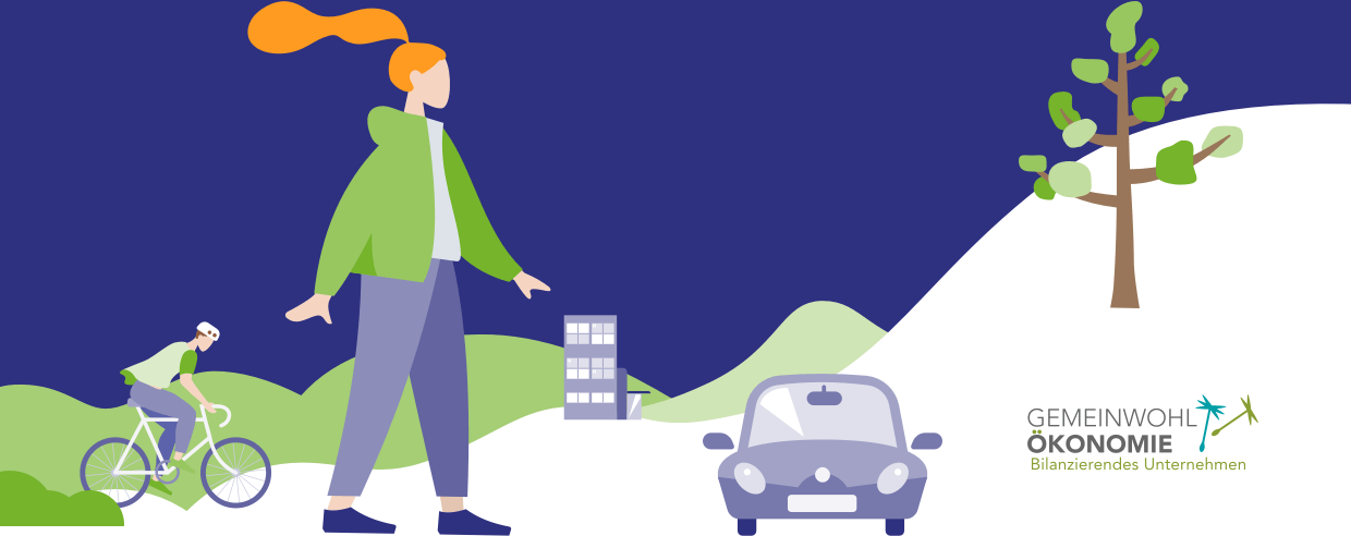 eine grüne Landschaft, darin ein Radfahrer, ein Haus, eine Fußgängerin, ein Auto, ein Baum. Rechts unten das Logo der Gemeinwohl Ökonomie