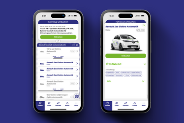 Das Display eines Mobiltelefons zeigt die weitere Auswahl bei der Umbuchung auf ein anderes Fahrzeug.