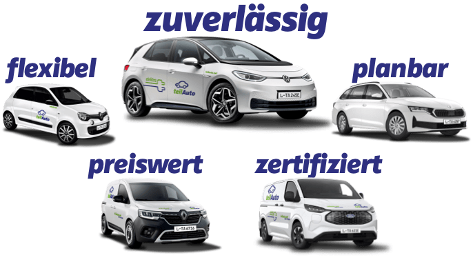 Fünf unterschiedliche Autos über denen jeweils Attribute stehen: flexibel, preiswert, zuverlässig, zertifiziert, planbar
