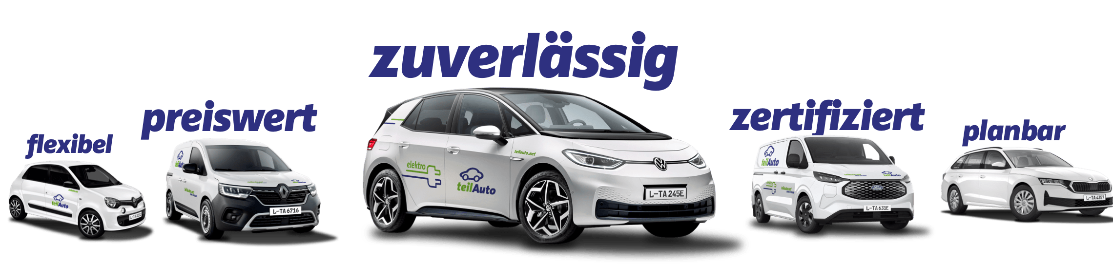 Fünf unterschiedliche Autos über denen jeweils Attribute stehen: flexibel, preiswert, zuverlässig, zertifiziert, planbar