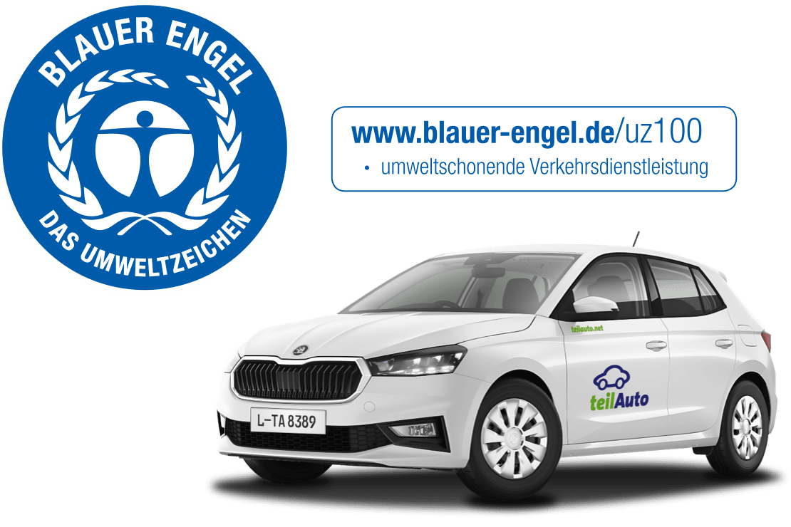 das Umweltzeichen Blauer Engel als Logo und als URL, daneben ein teilAuto-Fahrzeug