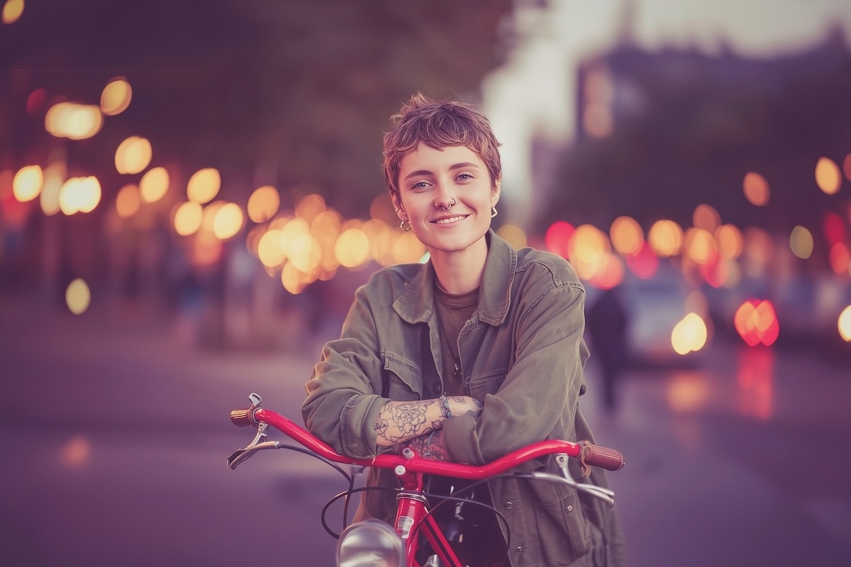 Eine Frau hat die Arme auf den Lenker ihres roten Fahrrads gelegt