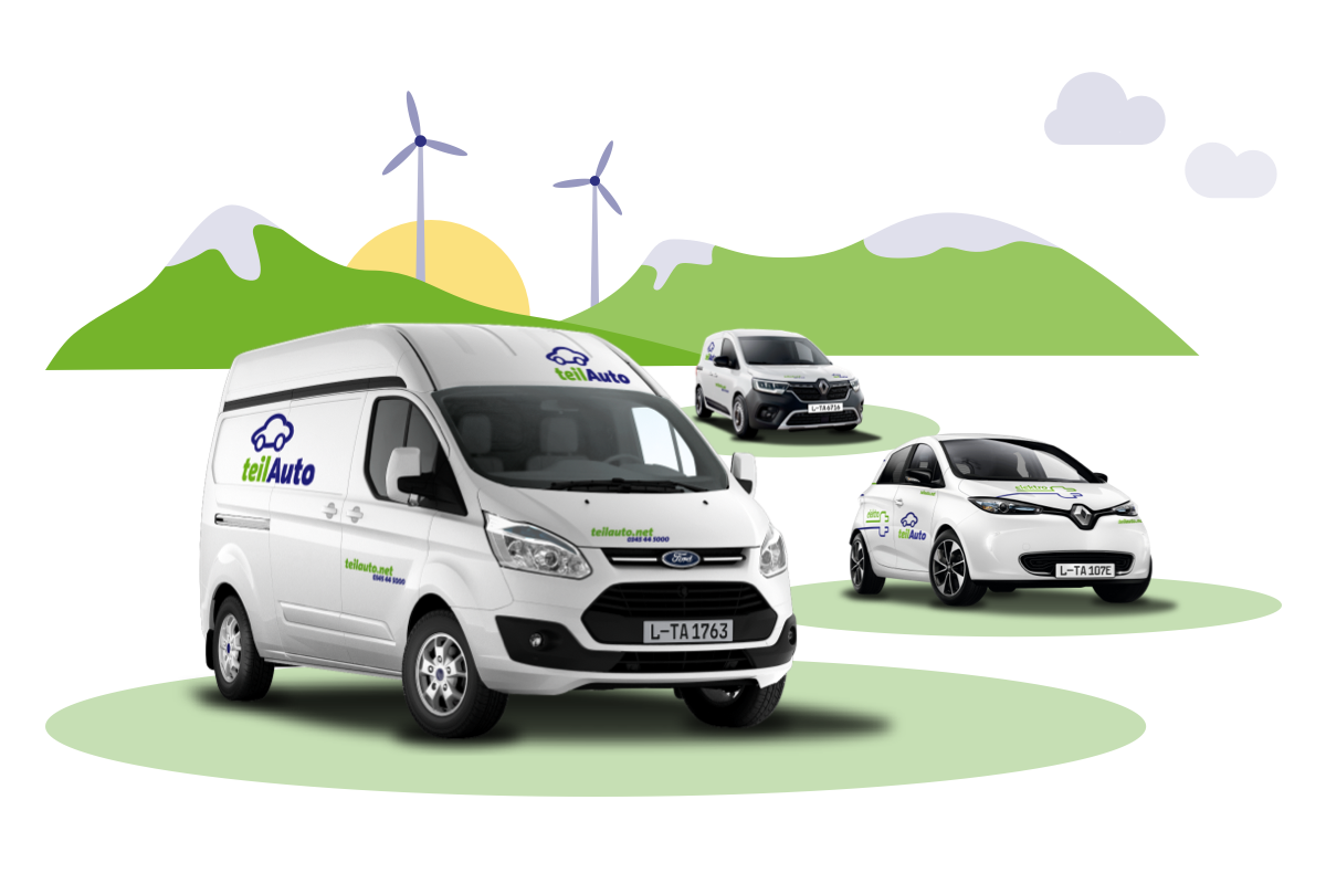 Mehrere teilAuto-Fahrzeuge vor Bergen mit Windrädern.