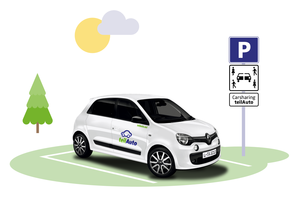 Ein teilAuto-Parkplatz mit Stationsschild, auf dem ein Kleinwagen steht.