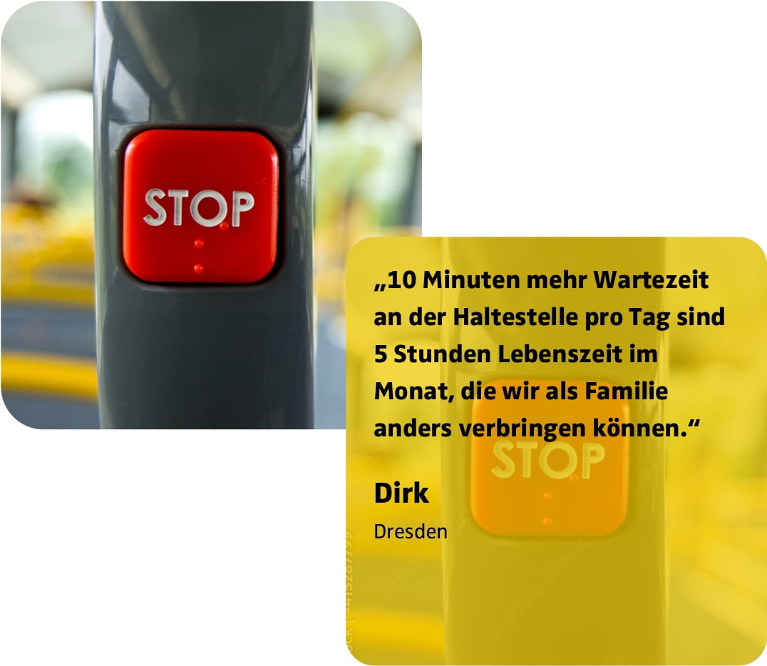 Das Bild zeigt einen roten Stopptaster in einer Straßenbahn.