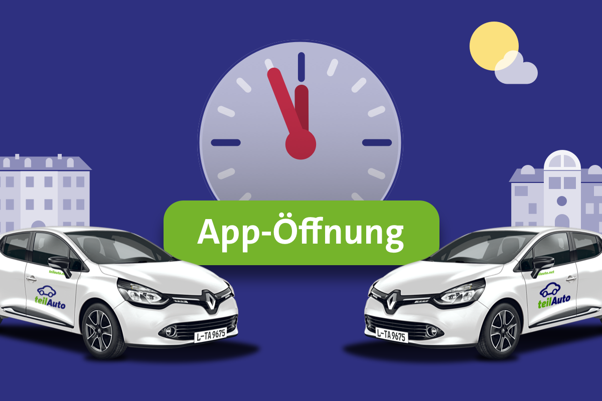 Zwei Fahrzeuge stehen vor einer Uhr, die fünf Minuten vor Zwölf anzeigt